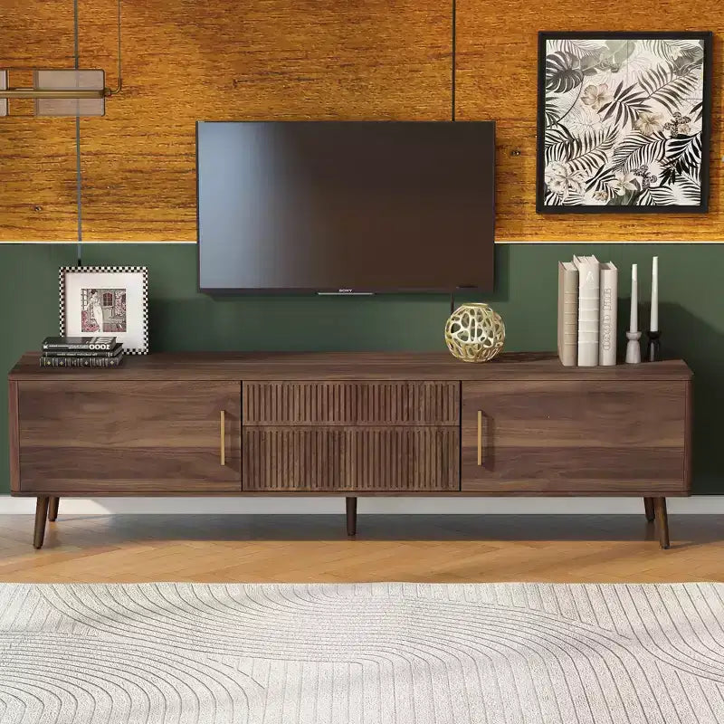 Mobile TV Mid-Century con 2 Cassetti, Tavolo Console Media per TV fino a 80'', Centro di Intrattenimento con Spazio di Archiviazione