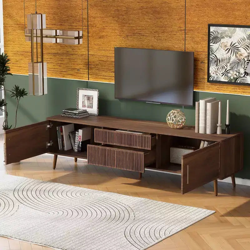 Mobile TV Mid-Century con 2 Cassetti, Tavolo Console Media per TV fino a 80'', Centro di Intrattenimento con Spazio di Archiviazione