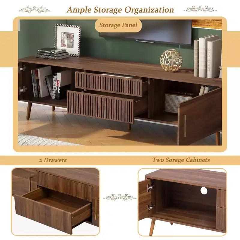 Mobile TV Mid-Century con 2 Cassetti, Tavolo Console Media per TV fino a 80'', Centro di Intrattenimento con Spazio di Archiviazione