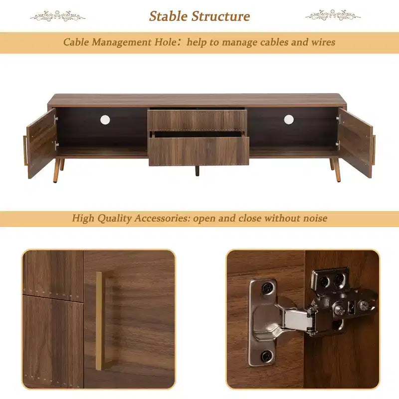 Mobile TV Mid-Century con 2 Cassetti, Tavolo Console Media per TV fino a 80'', Centro di Intrattenimento con Spazio di Archiviazione