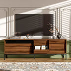 JVNOXK 70.8-inch Mid-Century Modern TV Console with storage space, sliding doors, adjustable shelves, and metal frame. Ideal for living rooms