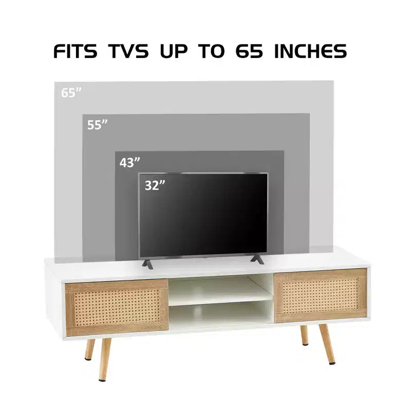 55.12 Mobile TV in Rattan, Doppie Ante Scorrevoli per Contenere, Ripiano Regolabile, Gambe in Legno Massello, Consolle TV per Soggiorno, Bianco
