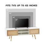 55.12 Mobile TV in Rattan, Doppie Ante Scorrevoli per Contenere, Ripiano Regolabile, Gambe in Legno Massello, Consolle TV per Soggiorno, Bianco