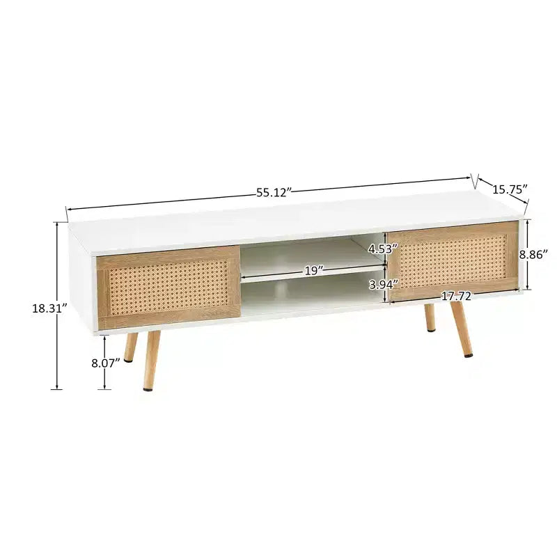 55.12 Mobile TV in Rattan, Doppie Ante Scorrevoli per Contenere, Ripiano Regolabile, Gambe in Legno Massello, Consolle TV per Soggiorno, Bianco