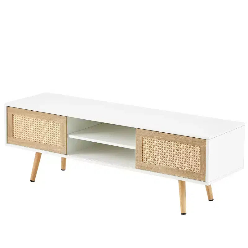 55.12 Mobile TV in Rattan, Doppie Ante Scorrevoli per Contenere, Ripiano Regolabile, Gambe in Legno Massello, Consolle TV per Soggiorno, Bianco