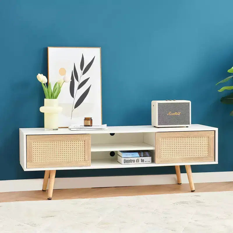 55.12 Mobile TV in Rattan, Doppie Ante Scorrevoli per Contenere, Ripiano Regolabile, Gambe in Legno Massello, Consolle TV per Soggiorno, Bianco