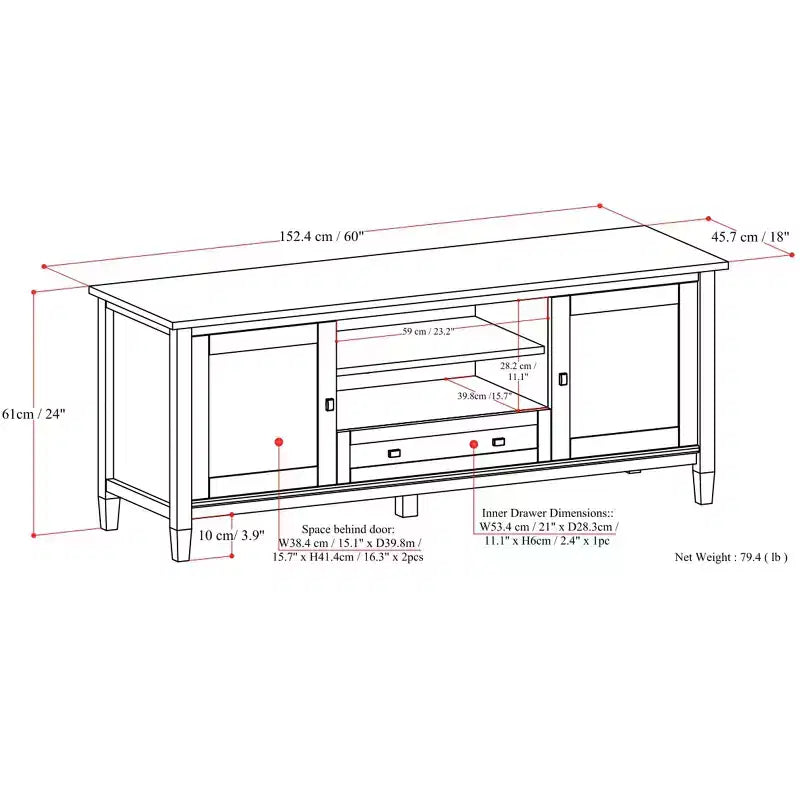 Mobile TV basso di design moderno in legno massello color noce, 183 cm, per TV fino a 80 pollici