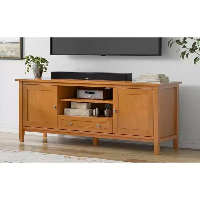 Mobile TV basso di design moderno in legno massello color noce, 183 cm, per TV fino a 80 pollici