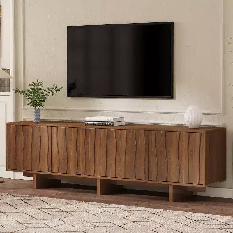 Mobile TV retrò effetto legno, ante ondulate, adatto per TV fino a 75 pollici, console multimediale in stile country con ampio spazio di archiviazione, base robusta