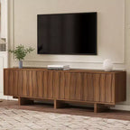 Mobile TV retrò effetto legno, ante ondulate, adatto per TV fino a 75 pollici, console multimediale in stile country con ampio spazio di archiviazione, base robusta