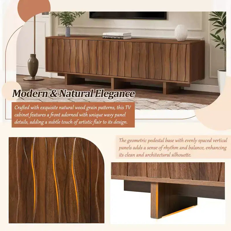 Mobile TV retrò effetto legno, ante ondulate, adatto per TV fino a 75 pollici, console multimediale in stile country con ampio spazio di archiviazione, base robusta