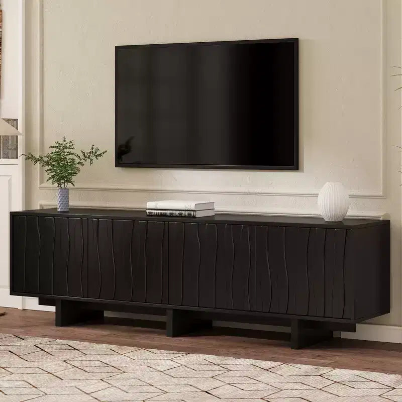 Mobile TV retrò effetto legno, ante ondulate, adatto per TV fino a 75 pollici, console multimediale in stile country con ampio spazio di archiviazione, base robusta