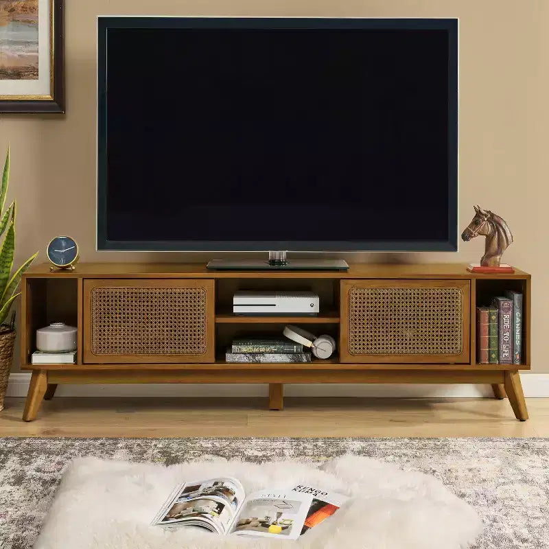 Mobile TV con anta intrecciata in rattan Mid-Century Modern da 67,9 pollici, adatto per TV fino a 75 pollici; ideale per soggiorni, finitura noce