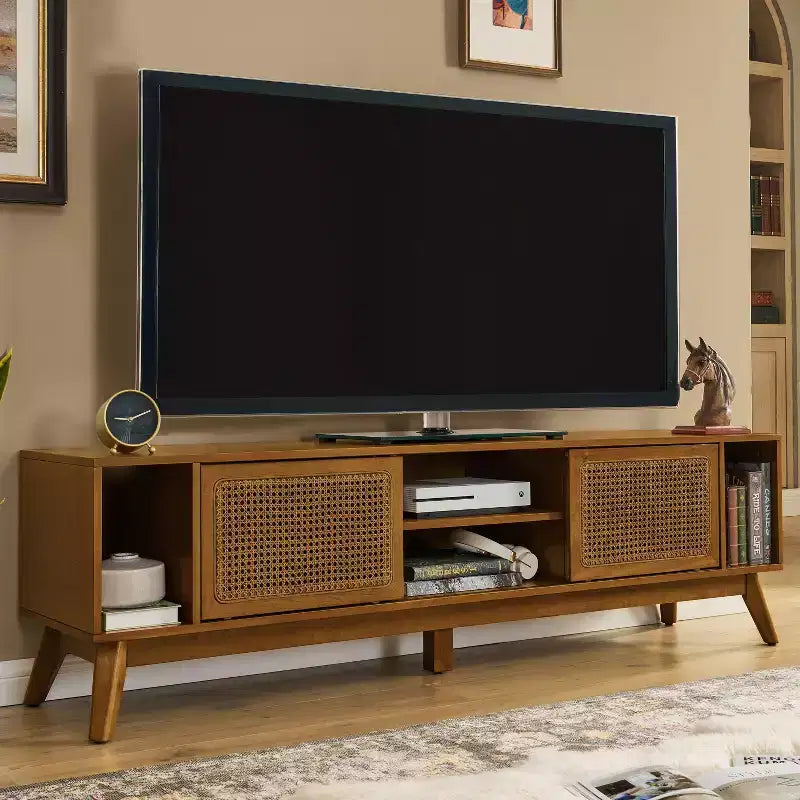 Mobile TV con anta intrecciata in rattan Mid-Century Modern da 67,9 pollici, adatto per TV fino a 75 pollici; ideale per soggiorni, finitura noce