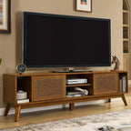 Mobile TV con anta intrecciata in rattan Mid-Century Modern da 67,9 pollici, adatto per TV fino a 75 pollici; ideale per soggiorni, finitura noce