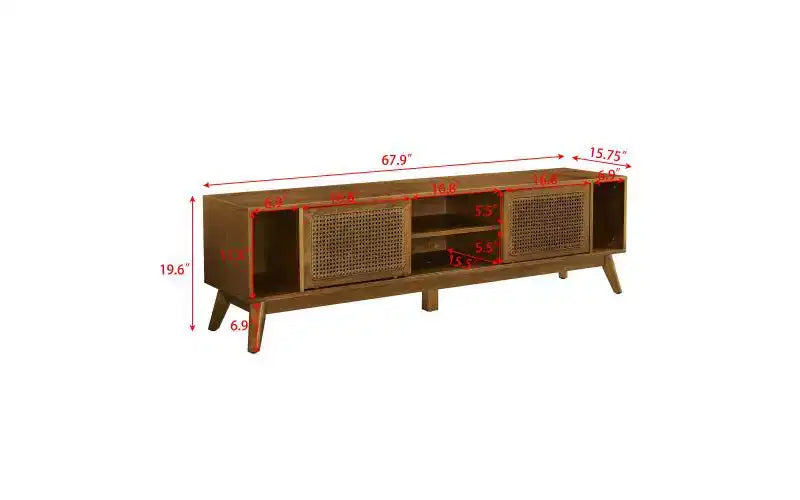 Mobile TV con anta intrecciata in rattan Mid-Century Modern da 67,9 pollici, adatto per TV fino a 75 pollici; ideale per soggiorni, finitura noce