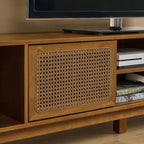 Mobile TV con anta intrecciata in rattan Mid-Century Modern da 67,9 pollici, adatto per TV fino a 75 pollici; ideale per soggiorni, finitura noce