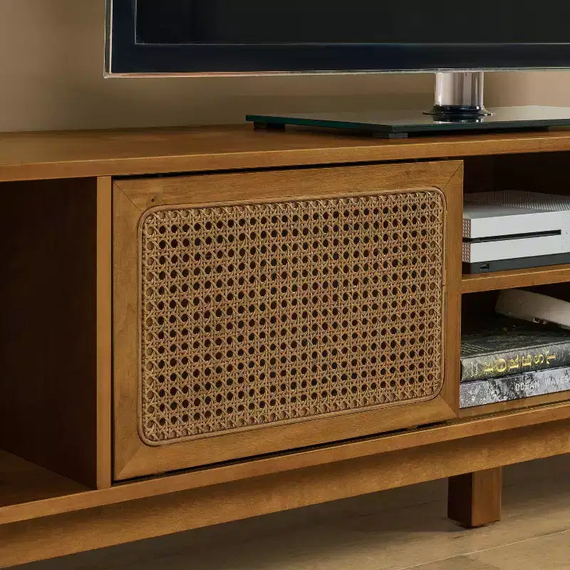 Mobile TV con anta intrecciata in rattan Mid-Century Modern da 67,9 pollici, adatto per TV fino a 75 pollici; ideale per soggiorni, finitura noce