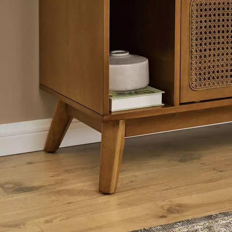 Mobile TV con anta intrecciata in rattan Mid-Century Modern da 67,9 pollici, adatto per TV fino a 75 pollici; ideale per soggiorni, finitura noce
