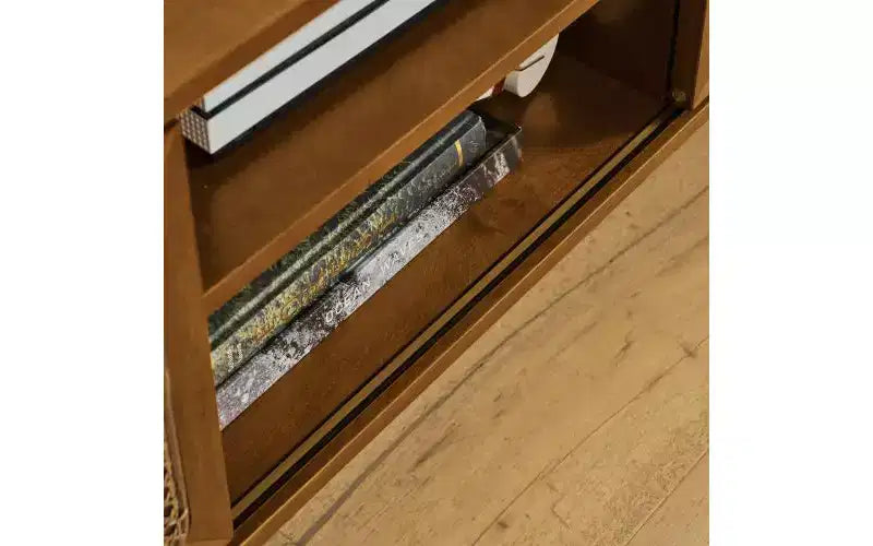 Mobile TV con anta intrecciata in rattan Mid-Century Modern da 67,9 pollici, adatto per TV fino a 75 pollici; ideale per soggiorni, finitura noce
