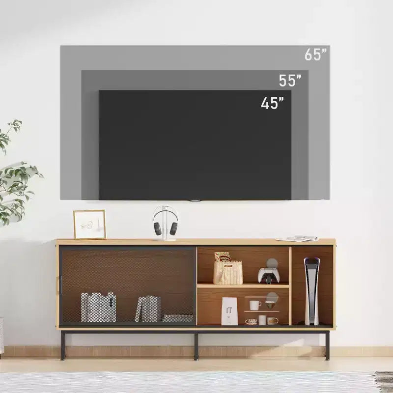 Mobile TV Industriale, Mobile da Soggiorno con Fori Passacavi, Gambe in Metallo e Ampio Spazio Contenitivo per Soggiorno