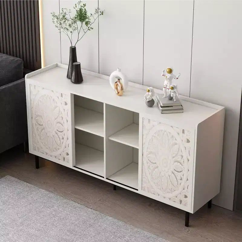 Mobile TV moderno di metà secolo, con intaglio a traforo, da 148,8 cm, con 2 ante e 2 ripiani