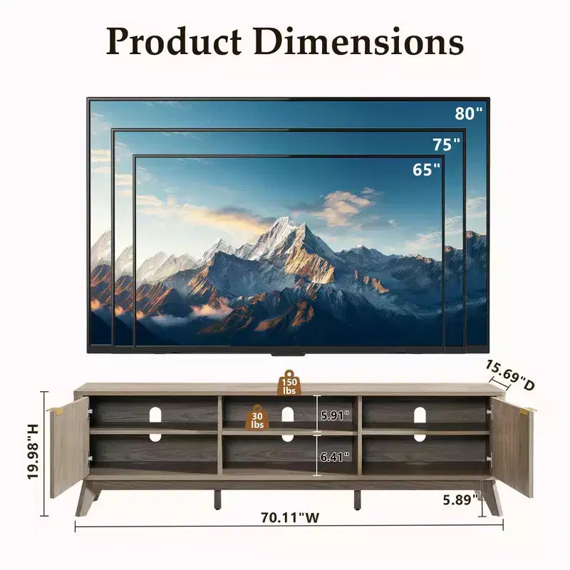 Mobile porta TV moderno da 70", Centro intrattenimento per TV fino a 80", Consolle multimediale in legno con vani aperti e armadietti laterali