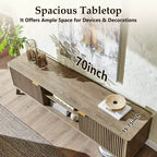 Mobile porta TV moderno da 70", Centro intrattenimento per TV fino a 80", Consolle multimediale in legno con vani aperti e armadietti laterali