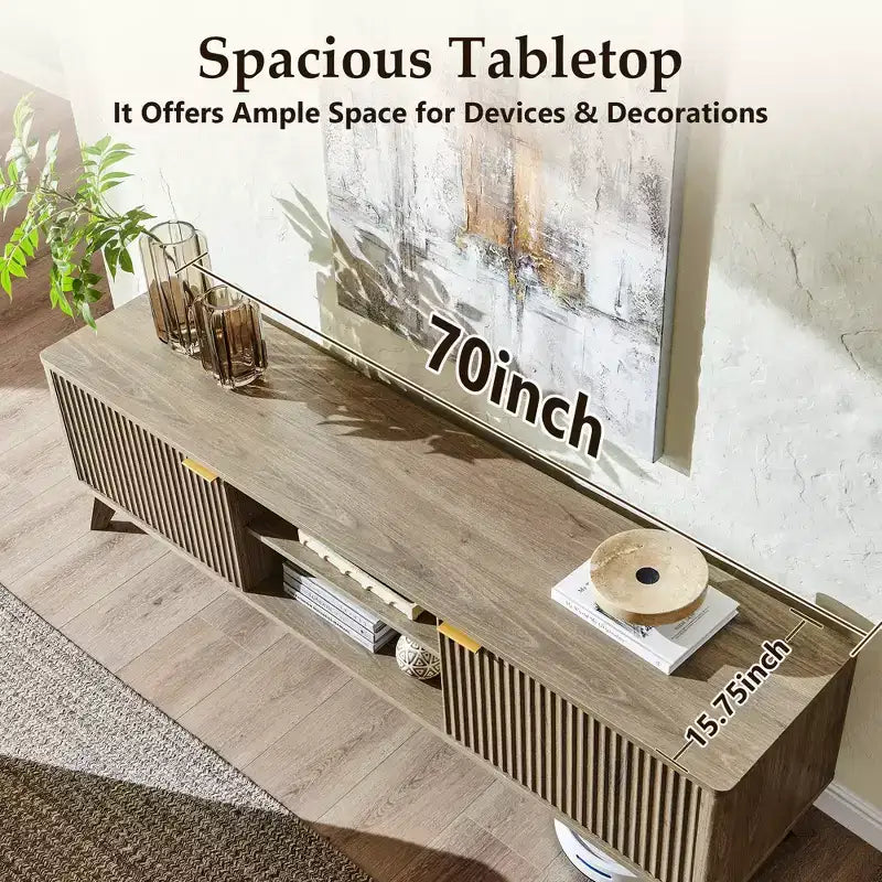 Mobile porta TV moderno da 70", Centro intrattenimento per TV fino a 80", Consolle multimediale in legno con vani aperti e armadietti laterali