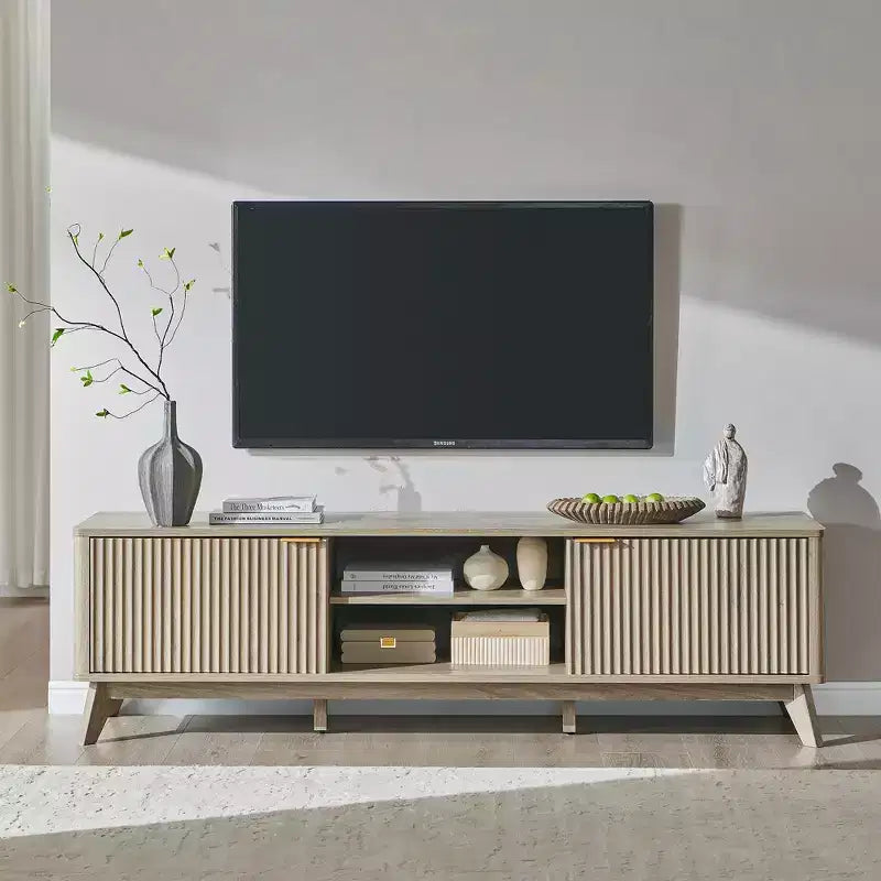 Mobile porta TV moderno da 70", Centro intrattenimento per TV fino a 80", Consolle multimediale in legno con vani aperti e armadietti laterali