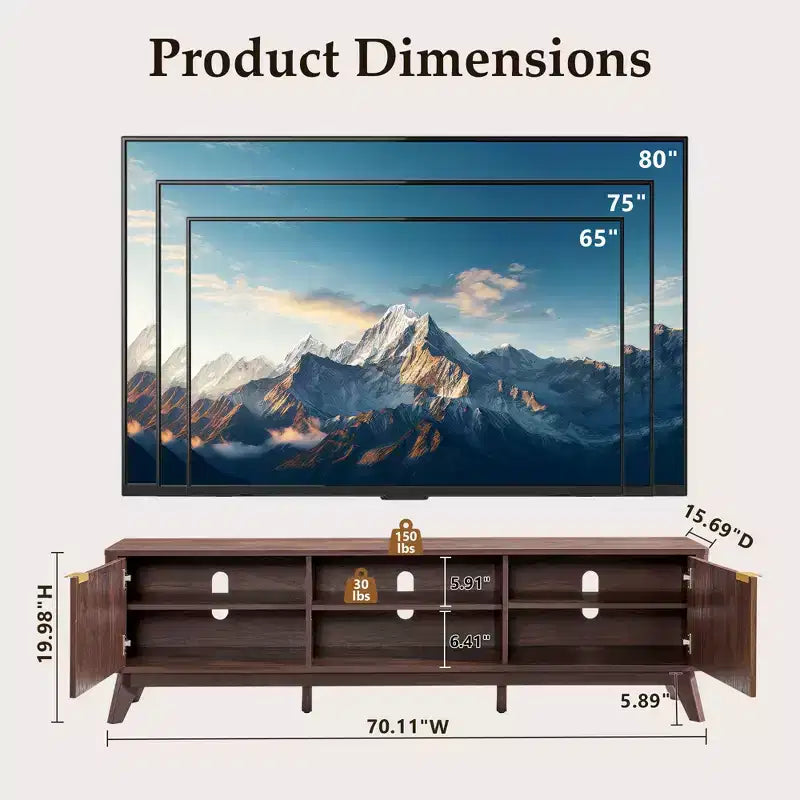 Mobile porta TV moderno da 70", Centro intrattenimento per TV fino a 80", Consolle multimediale in legno con vani aperti e armadietti laterali