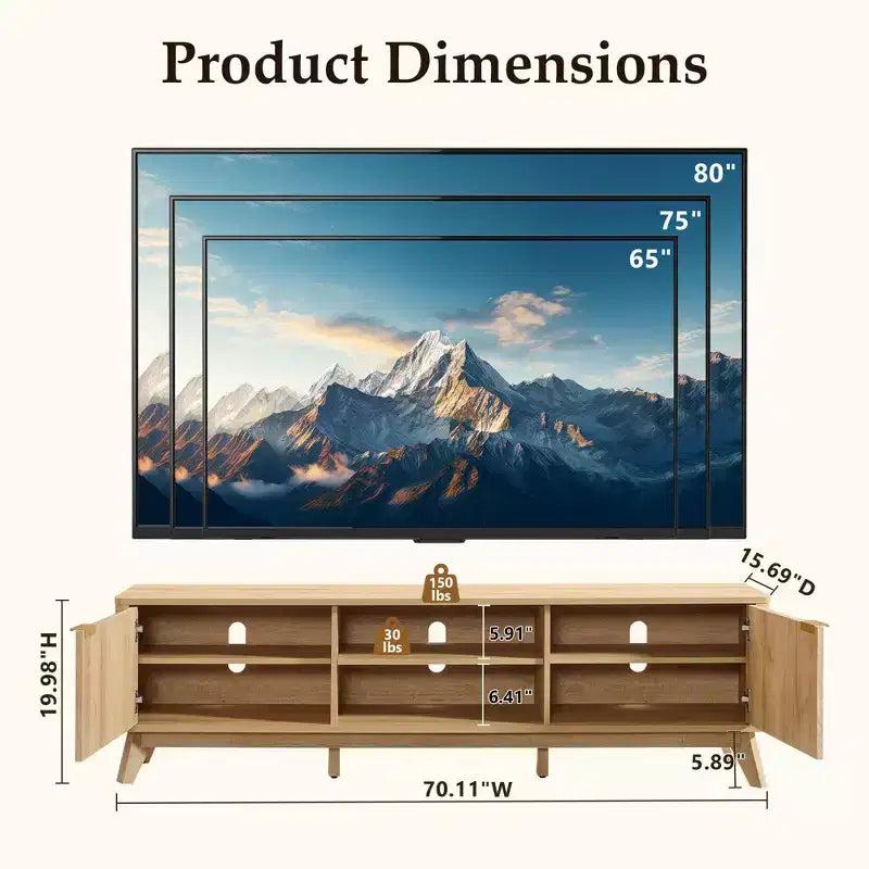 Mobile porta TV moderno da 70", Centro intrattenimento per TV fino a 80", Consolle multimediale in legno con vani aperti e armadietti laterali