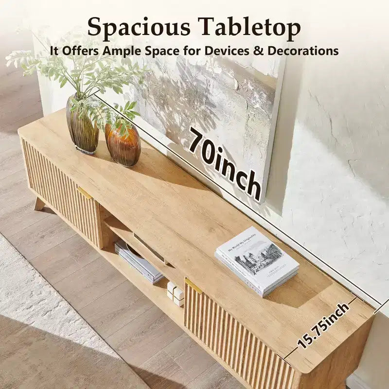 Mobile porta TV moderno da 70", Centro intrattenimento per TV fino a 80", Consolle multimediale in legno con vani aperti e armadietti laterali