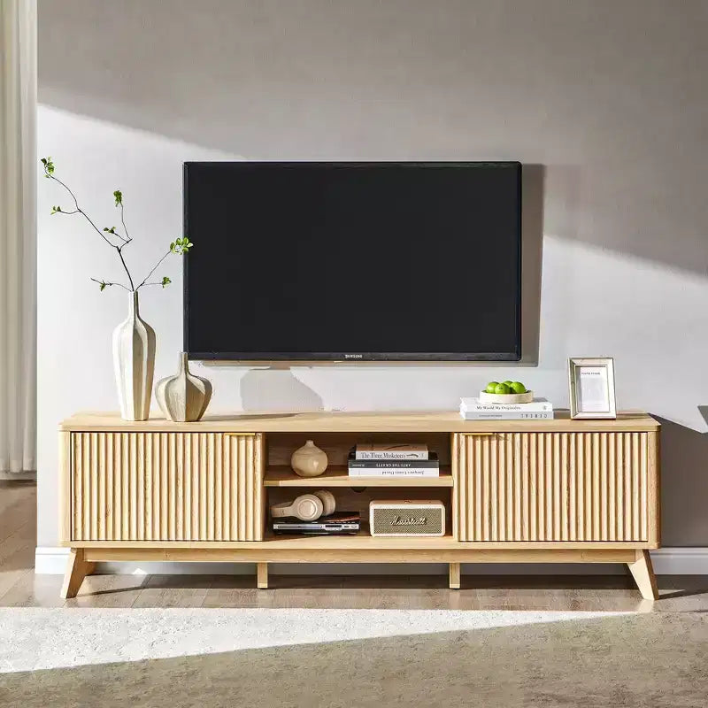 Mobile porta TV moderno da 70", Centro intrattenimento per TV fino a 80", Consolle multimediale in legno con vani aperti e armadietti laterali