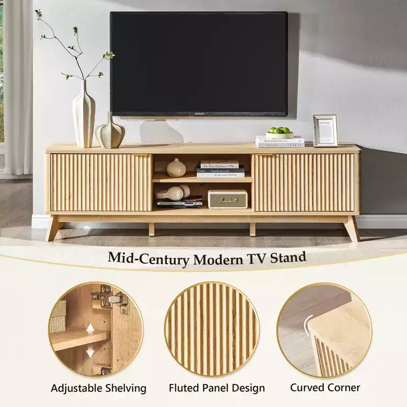 Mobile porta TV moderno da 70", Centro intrattenimento per TV fino a 80", Consolle multimediale in legno con vani aperti e armadietti laterali