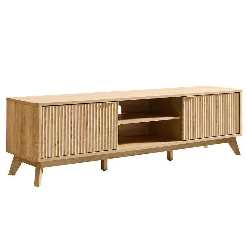 Mobile porta TV moderno da 70", Centro intrattenimento per TV fino a 80", Consolle multimediale in legno con vani aperti e armadietti laterali