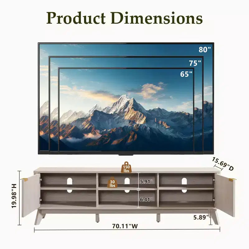Mobile porta TV moderno da 70", Centro intrattenimento per TV fino a 80", Consolle multimediale in legno con vani aperti e armadietti laterali