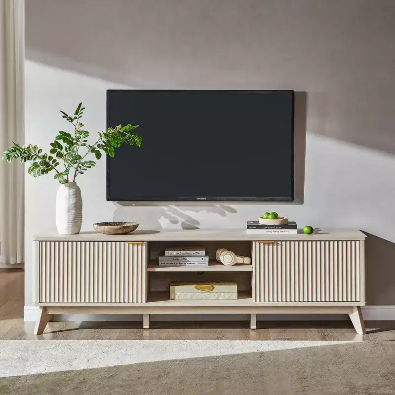 Mobile porta TV moderno da 70", Centro intrattenimento per TV fino a 80", Consolle multimediale in legno con vani aperti e armadietti laterali
