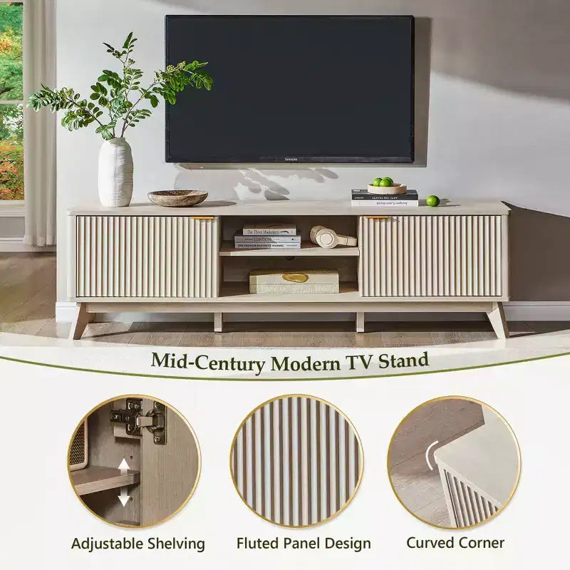 Mobile porta TV moderno da 70", Centro intrattenimento per TV fino a 80", Consolle multimediale in legno con vani aperti e armadietti laterali