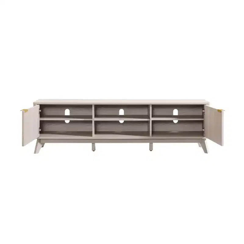 Mobile porta TV moderno da 70", Centro intrattenimento per TV fino a 80", Consolle multimediale in legno con vani aperti e armadietti laterali