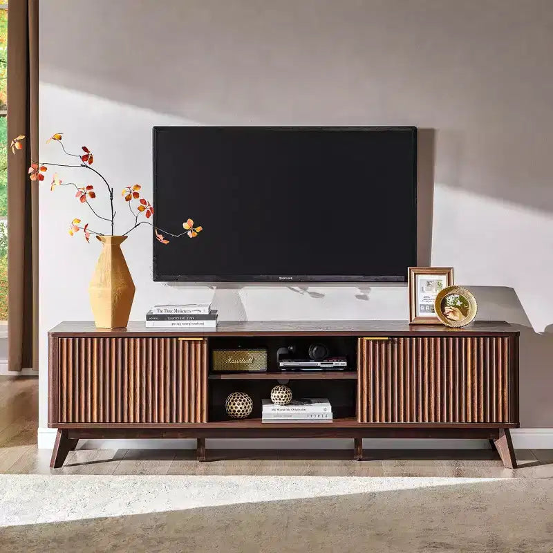 Mobile porta TV moderno da 70", Centro intrattenimento per TV fino a 80", Consolle multimediale in legno con vani aperti e armadietti laterali