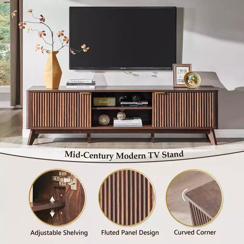 Mobile porta TV moderno da 70", Centro intrattenimento per TV fino a 80", Consolle multimediale in legno con vani aperti e armadietti laterali