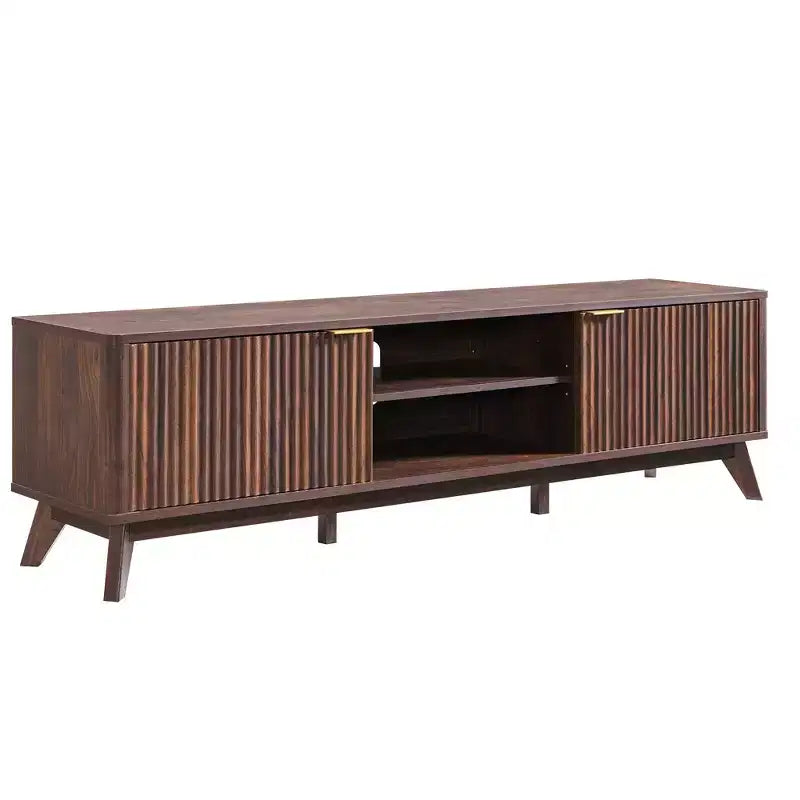 Mobile porta TV moderno da 70", Centro intrattenimento per TV fino a 80", Consolle multimediale in legno con vani aperti e armadietti laterali