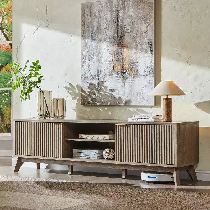 Mobile porta TV moderno da 70", Centro intrattenimento per TV fino a 80", Consolle multimediale in legno con vani aperti e armadietti laterali