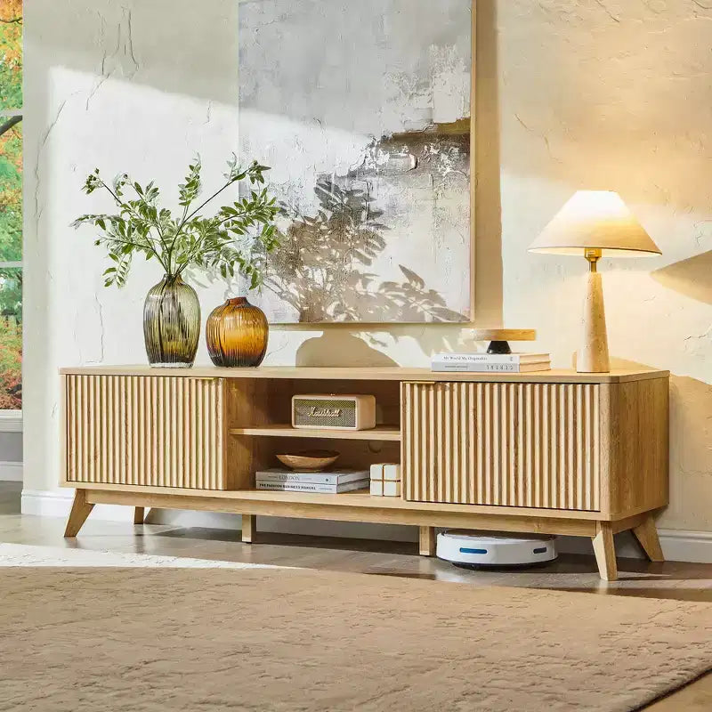 Mobile porta TV moderno da 70", Centro intrattenimento per TV fino a 80", Consolle multimediale in legno con vani aperti e armadietti laterali