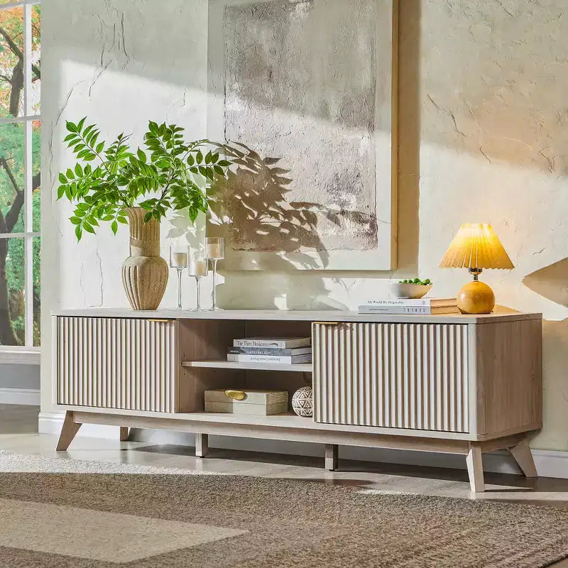 Mobile porta TV moderno da 70", Centro intrattenimento per TV fino a 80", Consolle multimediale in legno con vani aperti e armadietti laterali