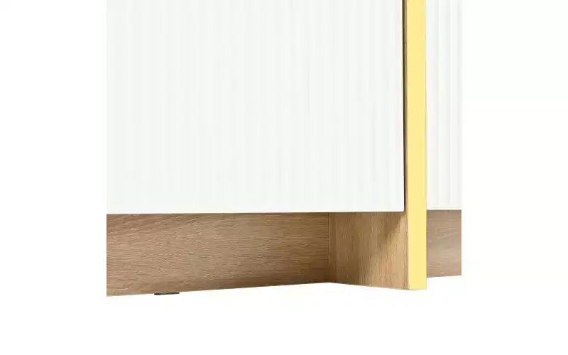 Mobile TV da 74 pollici con gambe scanalate in legno dorato, adatto a TV fino a 80 pollici, con armadietto contenitore, ideale per soggiorni, bianco