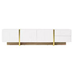 Mobile TV da 74 pollici con gambe scanalate in legno dorato, adatto a TV fino a 80 pollici, con armadietto contenitore, ideale per soggiorni, bianco