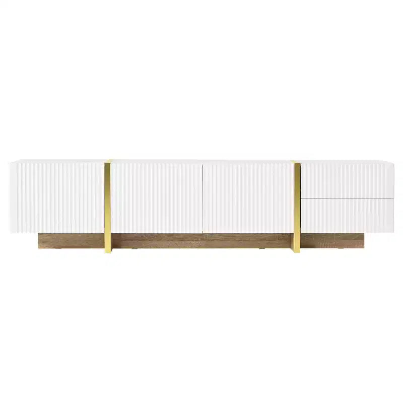 Mobile TV da 74 pollici con gambe scanalate in legno dorato, adatto a TV fino a 80 pollici, con armadietto contenitore, ideale per soggiorni, bianco