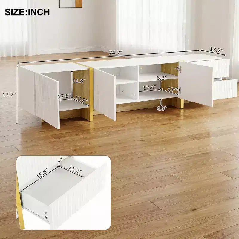 Mobile TV da 74 pollici con gambe scanalate in legno dorato, adatto a TV fino a 80 pollici, con armadietto contenitore, ideale per soggiorni, bianco
